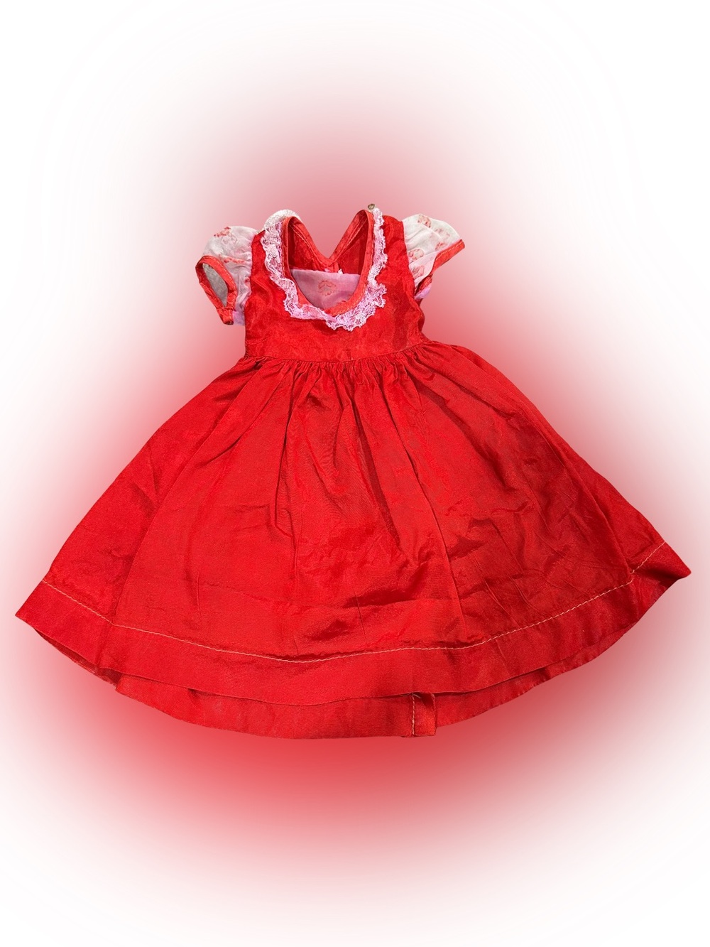 Vintage Red Silky Doll Dress With Lace Trim & Puff Sleeves